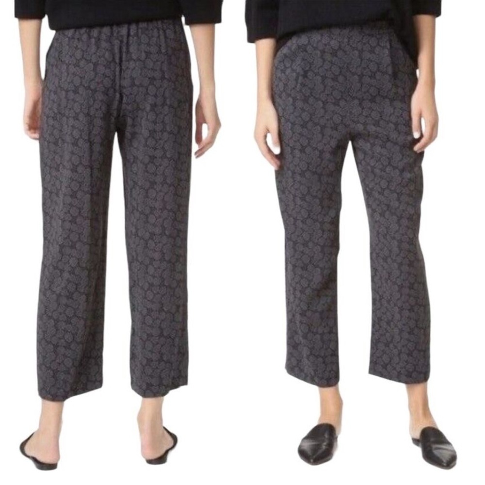 VINCE Black Blossom Print Wide Cropped Leg Silk Pants